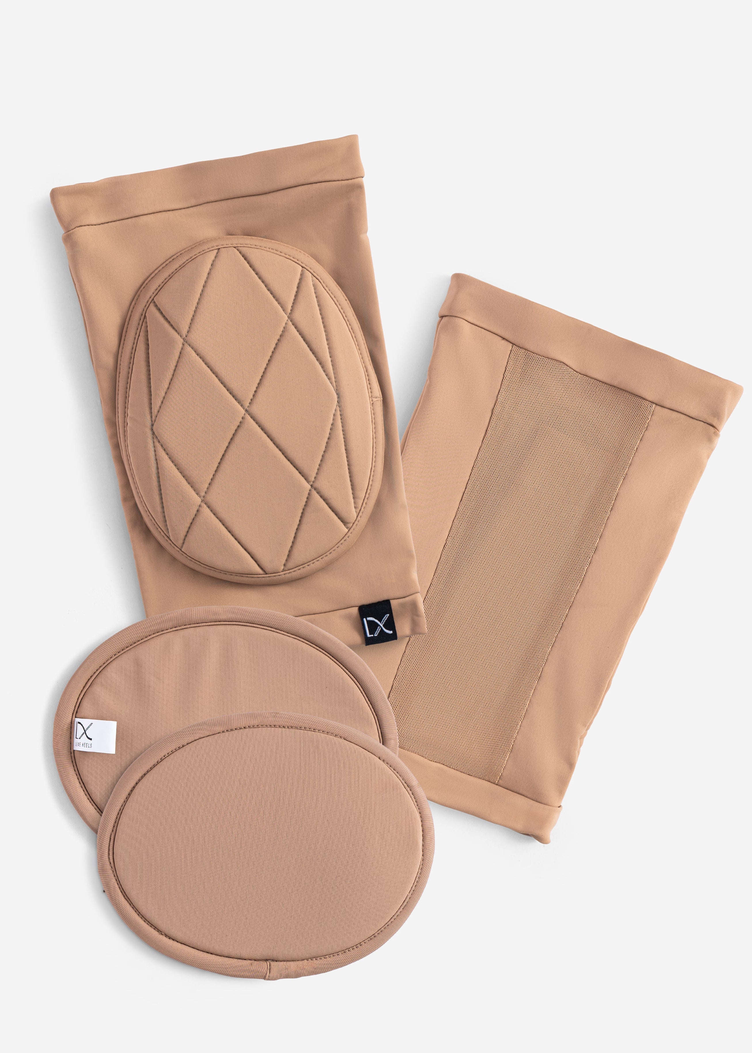 Set of beige knee pads and elbow pads on a white background