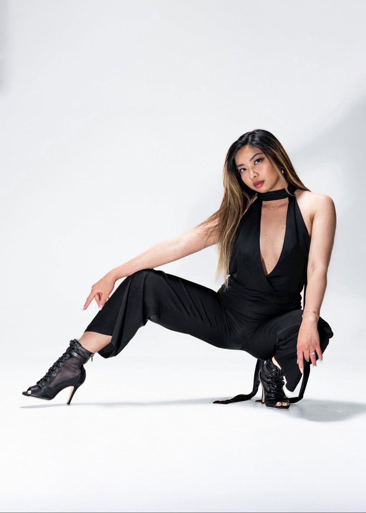 Black mesh vegan leather dance heels