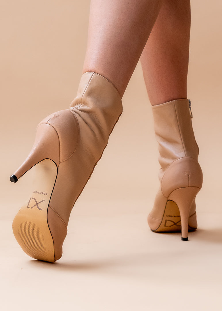 Beige nude vegan leather high heels stiletto boots for dancing